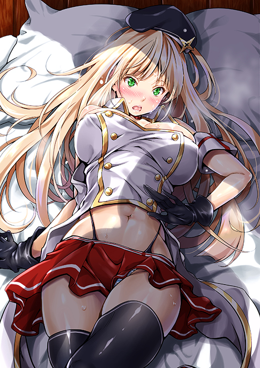 1girl azur_lane bangs bed_sheet black_gloves blonde_hair blush breasts buttons commentary_request fiji_(azur_lane) garter_straps gloves green_eyes kimura_neito large_breasts long_hair looking_at_viewer lying miniskirt navel on_back on_bed open_mouth parted_bangs pillow pleated_skirt red_skirt skirt solo stomach strapless sweat thigh-highs
