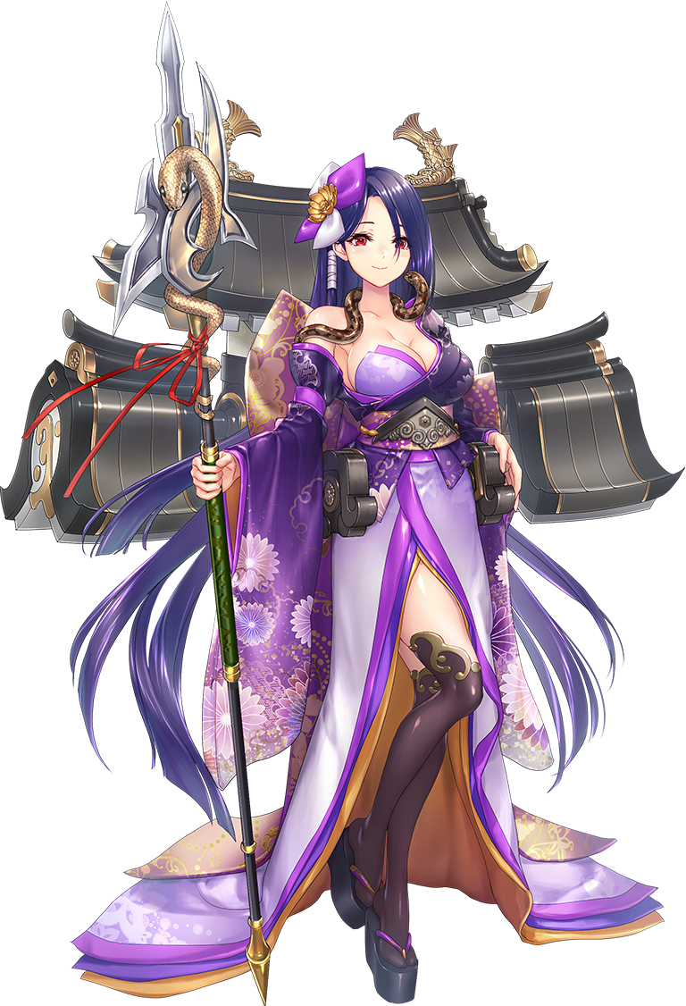 1girl artist_request bare_shoulders black_legwear breasts cleavage detached_sleeves full_body geta hair_ornament hair_over_one_eye holding holding_spear holding_weapon japanese_clothes kimono kinkazan_(oshiro_project) large_breasts long_hair looking_at_viewer official_art oshiro_project oshiro_project_re polearm purple_hair purple_kimono red_eyes shachihoko smile snake solo spear thigh-highs transparent_background very_long_hair weapon