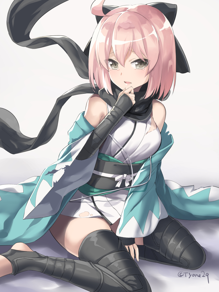 arm_guards bangs bare_shoulders between_legs black_bow black_legwear black_scarf bow eyebrows_visible_through_hair fate/grand_order fate_(series) gradient gradient_background grey_background grey_eyes hair_between_eyes hair_bow hand_between_legs haori japanese_clothes kimono koha-ace long_sleeves okita_souji_(fate) parted_lips pink_hair scarf short_hair short_kimono sleeveless sleeveless_kimono stirrup_legwear tears thigh-highs toeless_legwear tyone white_kimono wide_sleeves