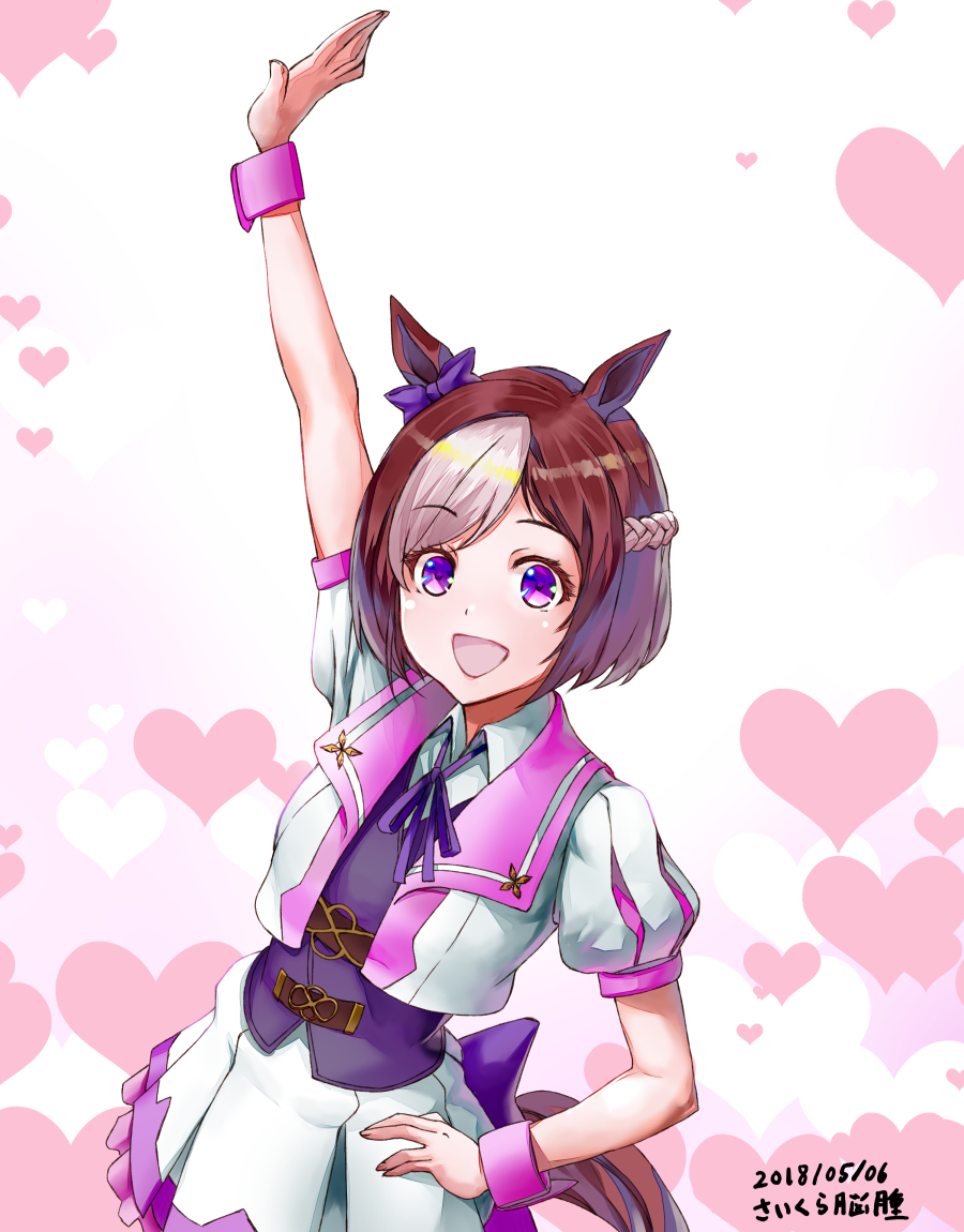 1girl :d animal_ears arm_up artist_name bow brown_hair dated ear_ribbon hand_on_hip heart horse_ears horse_tail multicolored_hair open_mouth puffy_short_sleeves puffy_sleeves purple_bow purple_ribbon ribbon saikura_noushu short_hair short_sleeves skirt smile solo special_week tail two-tone_hair umamusume violet_eyes wristband