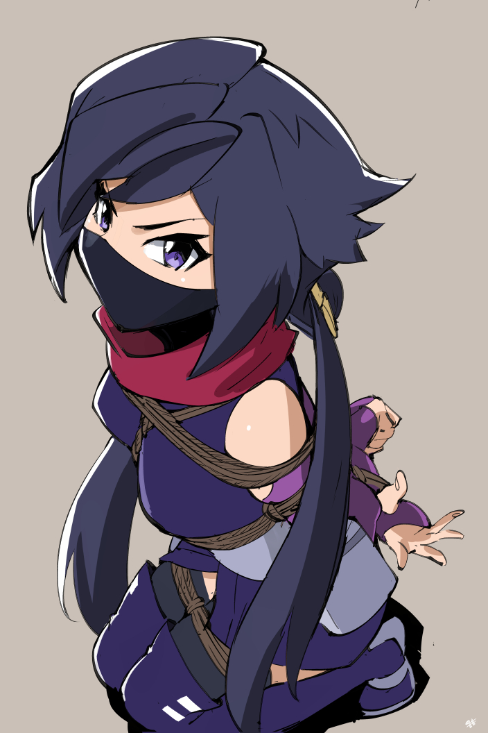 1girl ayame_(gundam_build_divers) bdsm black_hair boots breasts elbow_gloves face_mask fingerless_gloves gloves gundam gundam_build_divers hair_ornament hip_armor japanese_clothes kimono knee_boots long_hair looking_at_viewer low_ponytail mask medium_breasts ninja red_scarf rope scarf seiza sharpffffff shibari sitting solo split_ponytail thighhighs_under_boots violet_eyes