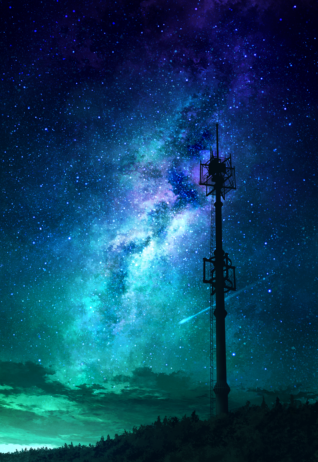 clouds commentary_request highres hill milky_way mks night night_sky no_humans original outdoors scenery shooting_star sky star_(sky) starry_sky tower