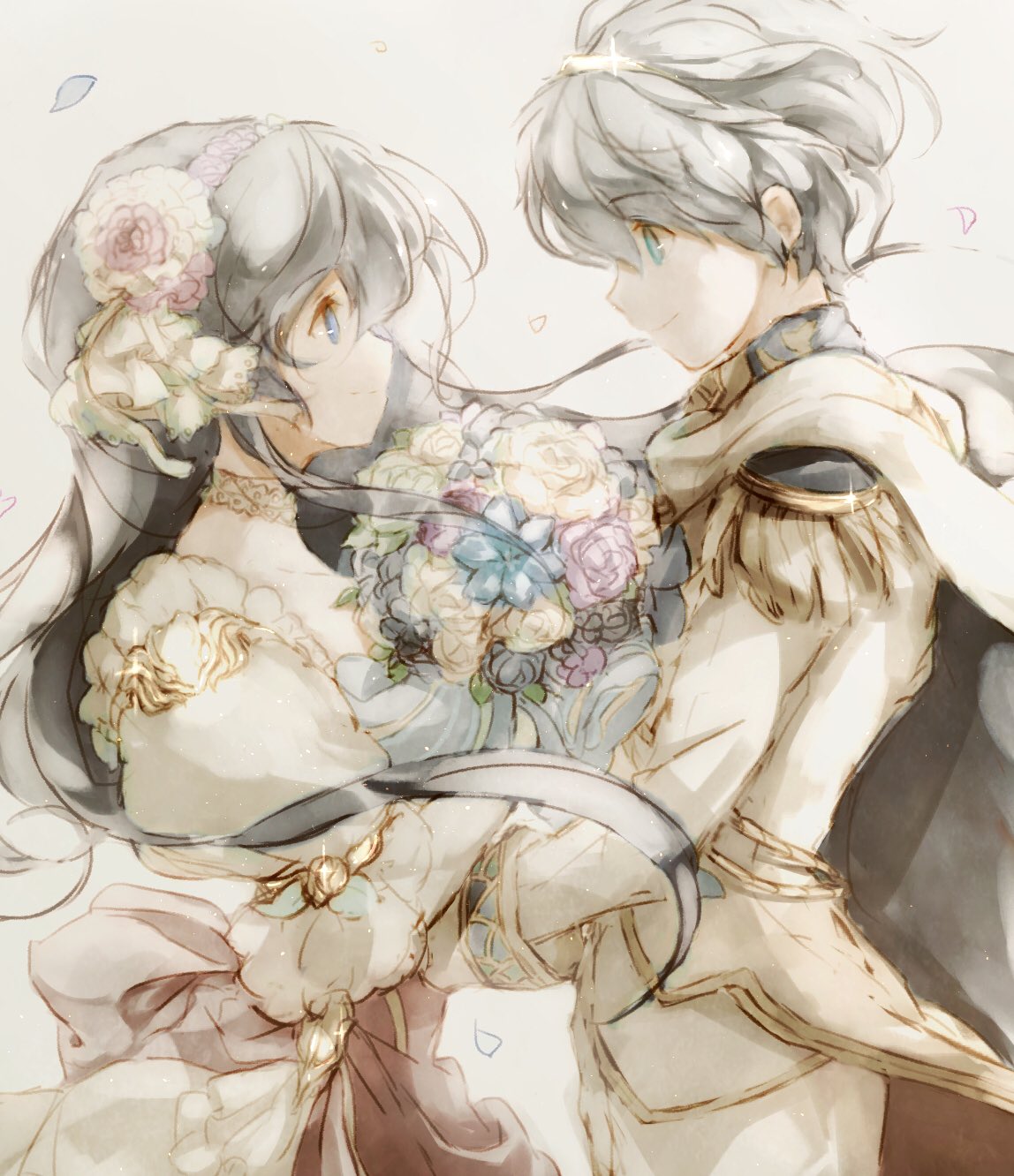 1boy 1girl artist_request bare_shoulders blue_eyes blue_hair bouquet bridal_veil bride couple dress elbow_gloves fire_emblem fire_emblem:_mystery_of_the_emblem fire_emblem_heroes flower formal gloves hair_flower hair_ornament highres jewelry long_hair marth necklace pegasus_knight sheeda smile strapless strapless_dress suit tiara tuxedo veil wedding wedding_dress white_gloves