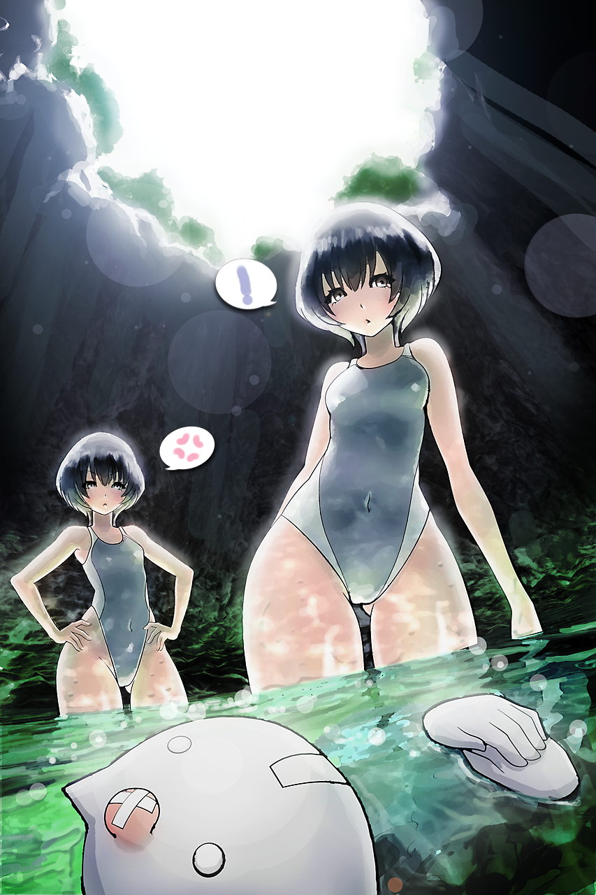 ! 2girls anger_vein arm_behind_back backlighting black_eyes black_hair black_swimsuit closed_mouth commentary_request competition_swimsuit day dutch_angle frown gluteal_fold hands_on_hips head_bump highleg highleg_swimsuit highres ikeda_(hayato) lens_flare looking_at_another multiple_girls one-piece_swimsuit original outdoors parted_lips short_hair siblings sisters spoken_anger_vein spoken_exclamation_mark standing sunlight swimsuit twins wading