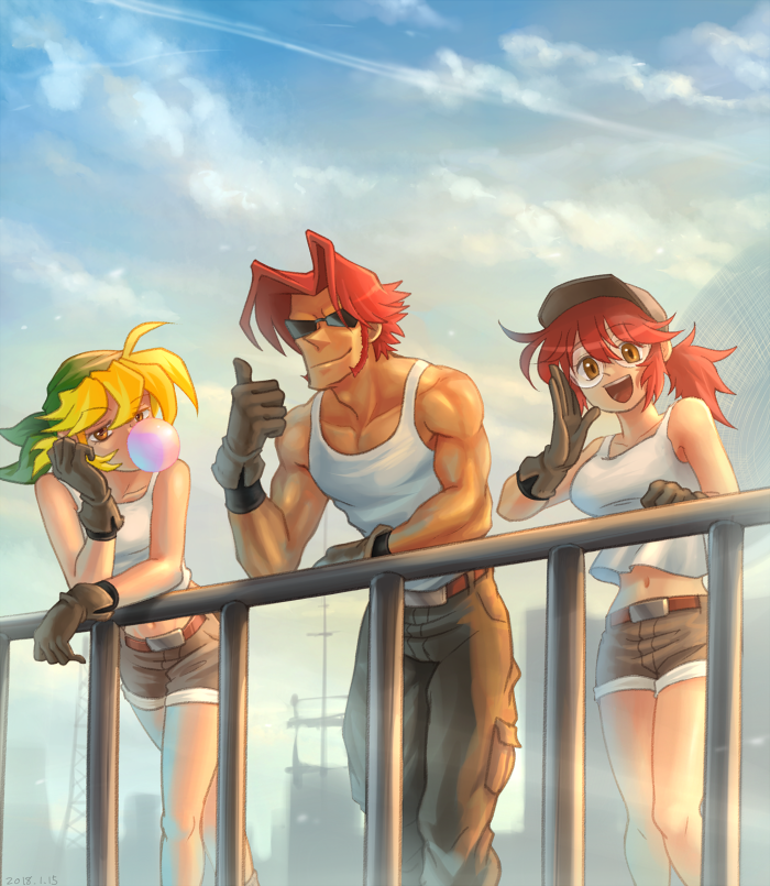 1boy 2girls :d against_railing arm_support bandanna baseball_cap black_belt black_gloves black_shorts blonde_hair blurry blurry_background breasts brown_eyes brown_hair brown_hat bubble_blowing cargo_pants chewing_gum chin_rest clouds cloudy_sky dated day eyebrows_visible_through_hair fio_germi gloves green_bandana half-closed_eyes hat kasamoto_eri leaning_forward medium_breasts medium_hair metal_slug midriff multiple_girls muscle navel open_mouth outdoors pants railing sasisage shirt short_hair short_ponytail short_shorts shorts shouting sideburns sky smile smirk standing sunglasses tank_top tarma_roving thumbs_up white_shirt yellow_eyes