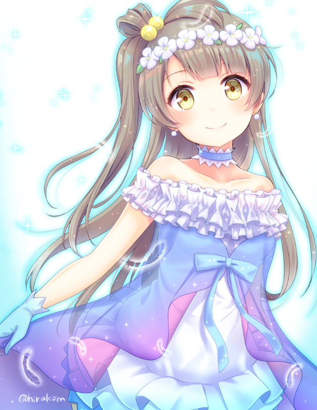 1girl bangs blue_ribbon dress earrings feathers frills gloves grey_hair hair_bobbles hair_ornament head_wreath hirako jewelry long_hair looking_at_viewer love_live! love_live!_school_idol_project minami_kotori off-shoulder_dress off_shoulder one_side_up ribbon skirt_hold smile solo sparkle twitter_username yellow_eyes yume_no_tobira