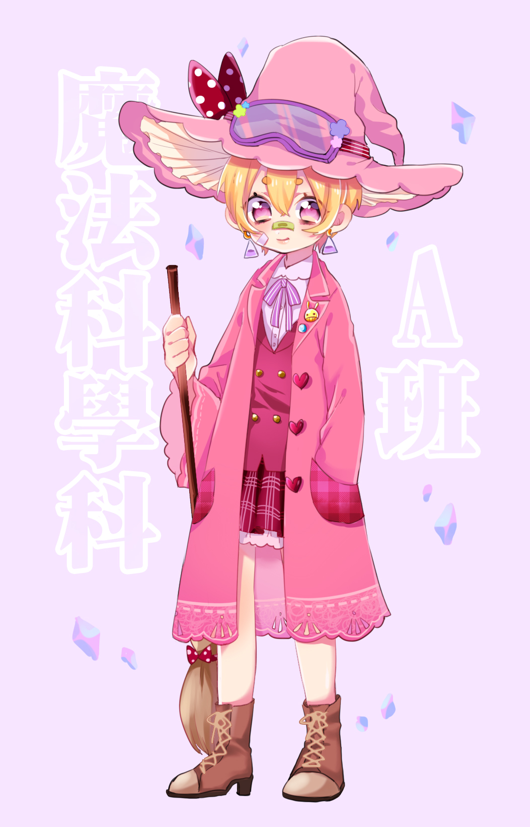 1girl bandage blush boots broom earrings hat highres jewelry looking_at_viewer original pink_eyes pink_hair seitarou short_hair skirt smile witch_hat