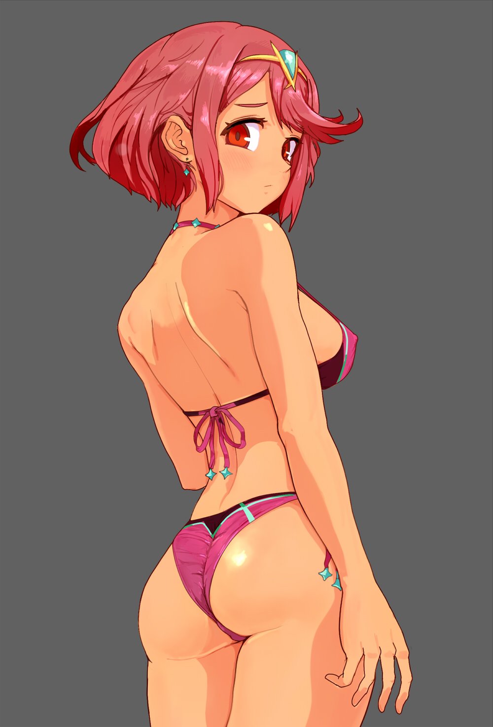 1girl ass bikini breasts highres pyra_(xenoblade) large_breasts looking_at_viewer red_eyes redhead shirosu short_hair simple_background solo swimsuit tan xenoblade_(series) xenoblade_2