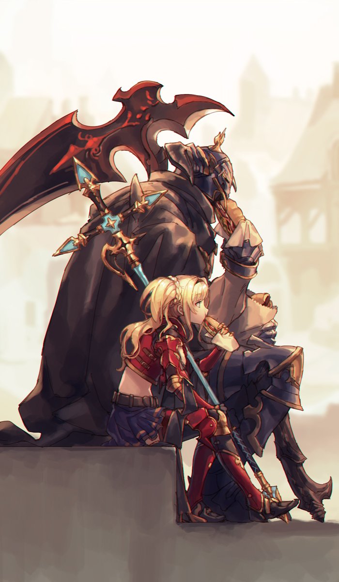 armor blonde_hair cape draph eating food granblue_fantasy helmet highres horns polearm red_armor sandwich scythe sitting skirt spear twintails vaseraga weapon zeta_(granblue_fantasy) zinnkousai3850