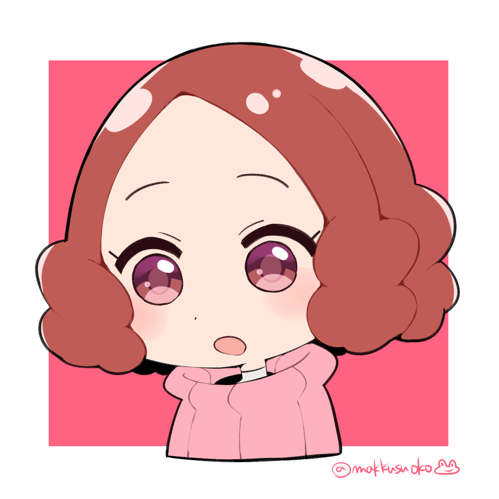 1girl :o blush brown_eyes brown_hair commentary_request do_m_kaeru okumura_haru open_mouth persona persona_5 pink_sweater ribbed_sweater short_hair sweater twitter_username upper_body