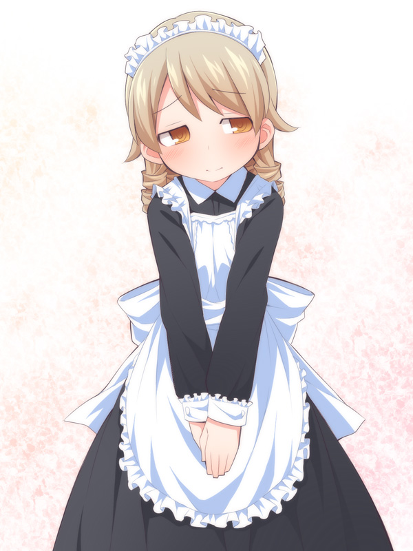 1girl @_@ apron bangs black_dress blush brown_eyes closed_mouth commentary_request dress eyebrows_visible_through_hair frilled_apron frills idolmaster idolmaster_cinderella_girls light_brown_hair long_hair long_sleeves looking_away looking_to_the_side maid maid_apron maid_headdress morikubo_nono ringlets solo ushi v_arms white_apron