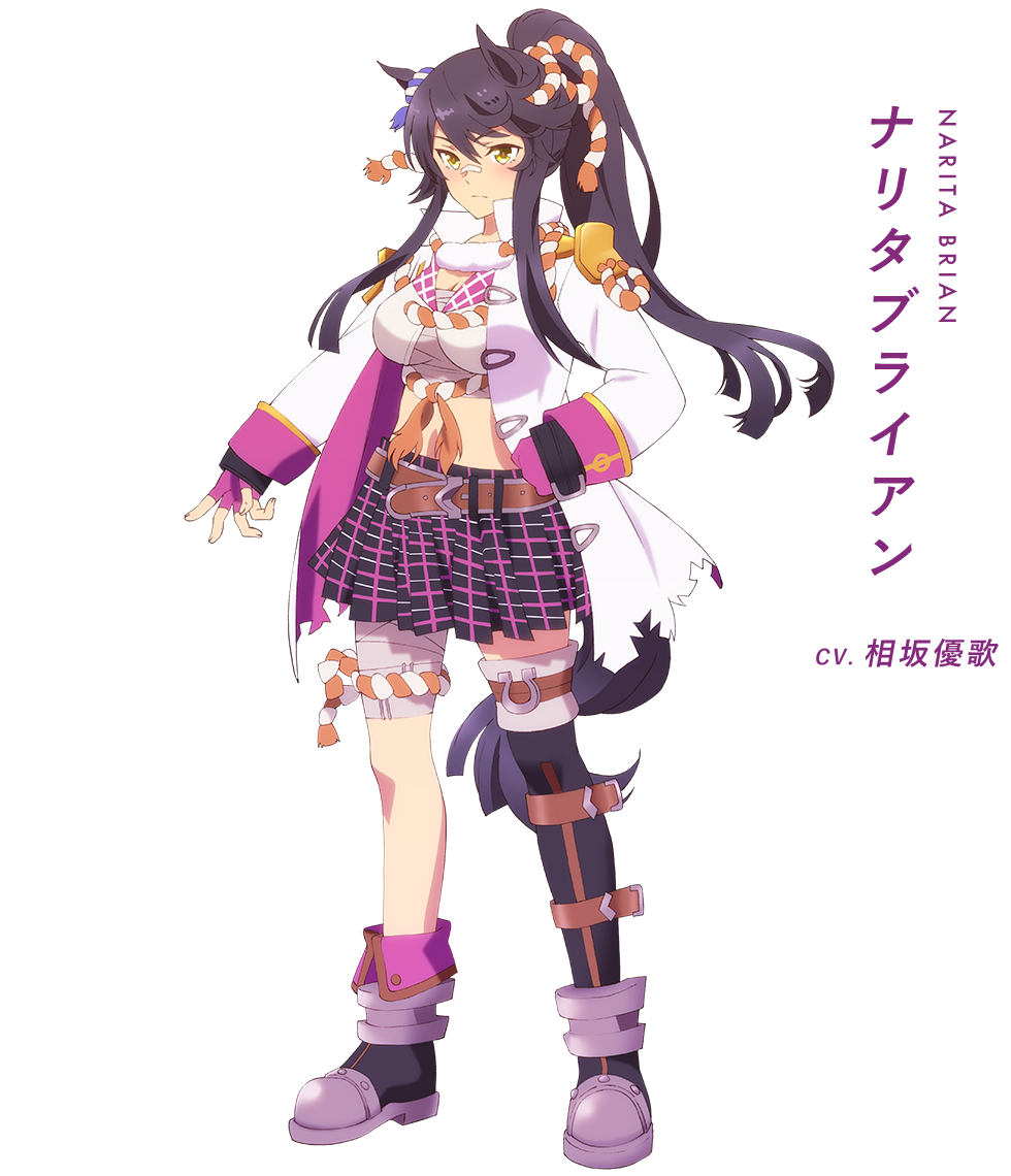 1girl animal_ears character_name full_body horse_ears horse_tail narita_brian official_art smile solo standing tail translated transparent_background umamusume
