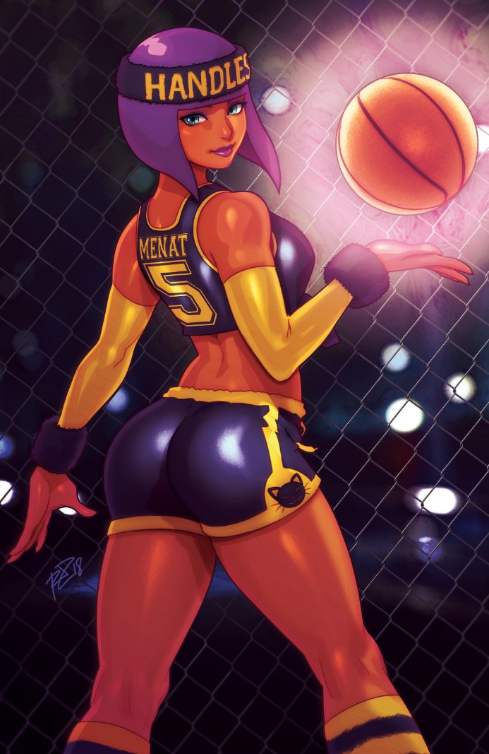 1girl 2018 ass bangs basketball basketball_uniform blue_eyes blunt_bangs bob_cut breasts chain-link_fence character_name commentary detached_sleeves english_commentary fence from_behind front-tie_top headband kneehighs kneepits lips lipstick looking_back makeup medium_breasts menat midriff nose purple_hair purple_lipstick robert_porter short_shorts shorts signature solo sportswear street_fighter wristband