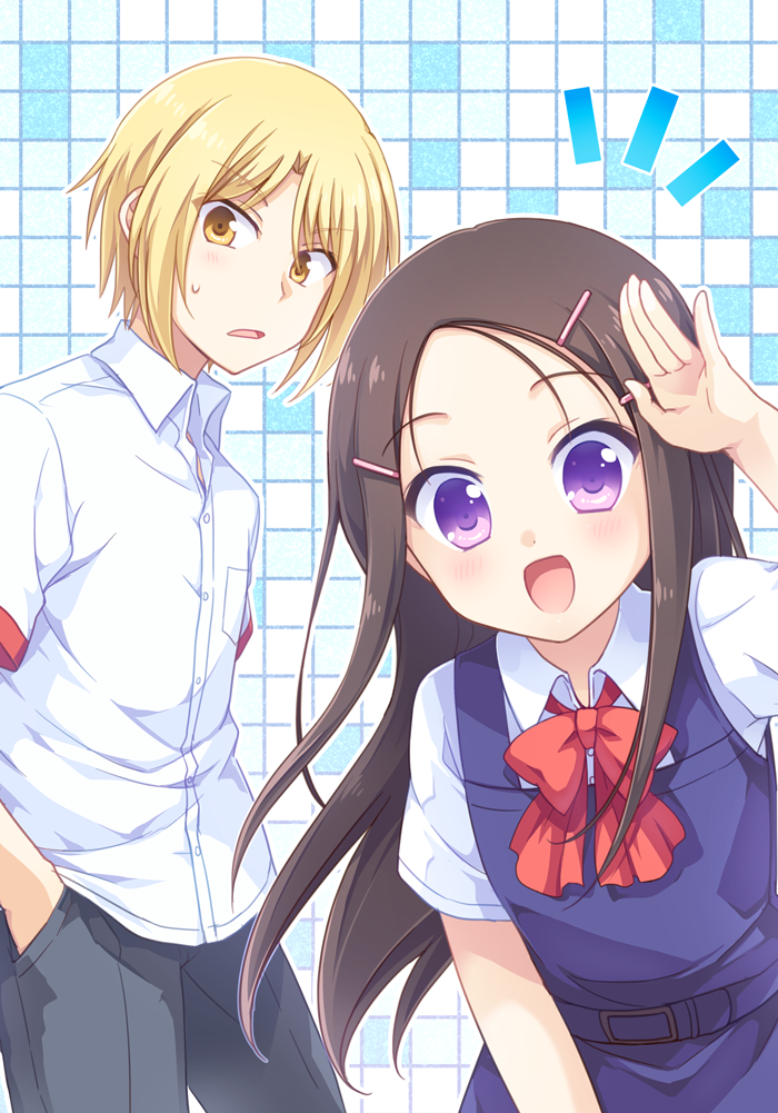 1boy 1girl black_hair blonde_hair bow charlotte_(anime) commentary_request grid_background hair_ornament hairclip hand_in_pocket kousetsu long_hair looking_at_viewer open_mouth otosaka_ayumi red_bow salute school_uniform shichino_(charlotte) shirt smile upper_body violet_eyes white_shirt yellow_eyes
