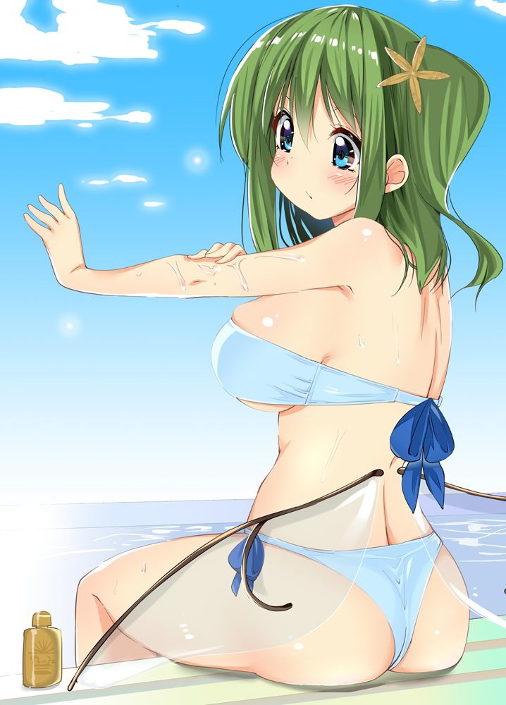 1girl ase_(nigesapo) ass back bare_arms bare_legs bikini blue_bikini blue_eyes breasts closed_mouth commentary_request daiyousei day fairy_wings flower from_behind green_hair hair_between_eyes hair_flower hair_ornament hands_up long_hair looking_down lotion lotion_bottle medium_breasts outdoors outstretched_arm pool poolside shiny shiny_skin side_ponytail sideboob sitting skindentation solo strapless strapless_bikini sunscreen swimsuit touhou water wings