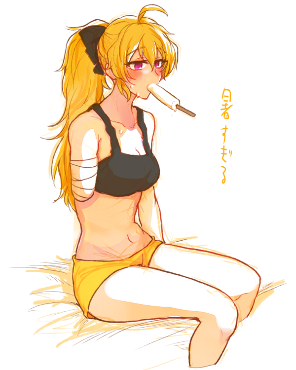 1girl ahoge amputee bandage bandaged_arm blonde_hair breasts chuu cleavage doodle food hair_ribbon navel popsicle ribbon rwby shorts solo sports_bra sweat translated violet_eyes yang_xiao_long