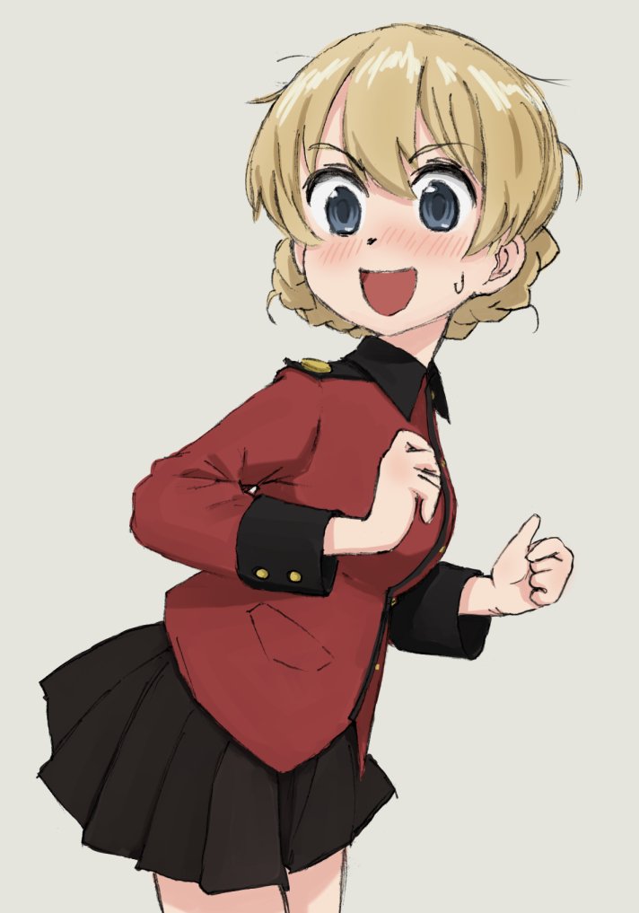 1girl bangs black_skirt blonde_hair blue_eyes blush braid commentary darjeeling epaulettes eyebrows_visible_through_hair from_side girls_und_panzer grey_background jacket leaning_forward long_sleeves looking_at_viewer looking_back military military_uniform miniskirt nogitatsu open_mouth pleated_skirt raised_eyebrows red_jacket short_hair skirt smile solo st._gloriana's_military_uniform surprised sweatdrop tied_hair twin_braids uniform