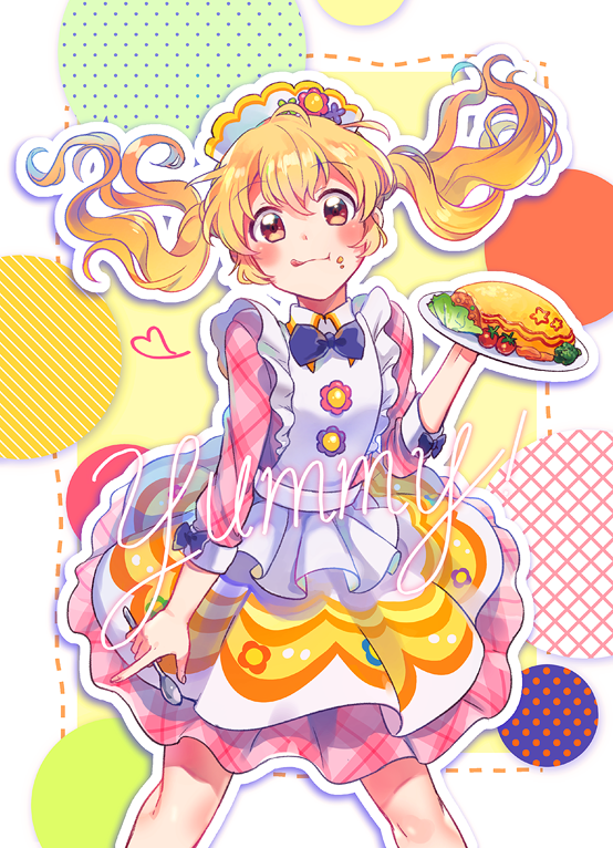 1girl aikatsu! aikatsu!_(series) alternate_hairstyle apron blonde_hair blush broccoli brown_eyes commentary_request cowboy_shot dress english eyebrows_visible_through_hair floating_hair food food_on_face frills fuji_fujino hair_between_eyes headdress heart holding holding_spoon holding_tray hoshimiya_ichigo long_hair looking_at_viewer omurice partial_commentary smile solo spoon tomato tongue tongue_out tray twintails waitress