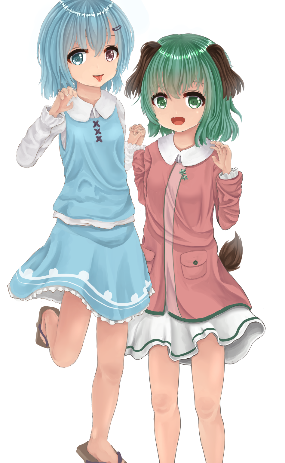 2girls animal_ears arm_up bangs blue_eyes blue_hair blue_skirt blue_vest breasts claw_pose cowboy_shot cropped_legs dress geta green_eyes hair_between_eyes hair_ornament hairclip hand_holding heterochromia highres interlocked_fingers kasodani_kyouko layered_dress leg_lift mukaino_kei multiple_girls pink_dress pleated_skirt pocket red_eyes shiny shiny_hair shirt short_hair simple_background skirt small_breasts standing standing_on_one_leg tail tatara_kogasa tongue tongue_out touhou vest white_background white_shirt white_skirt