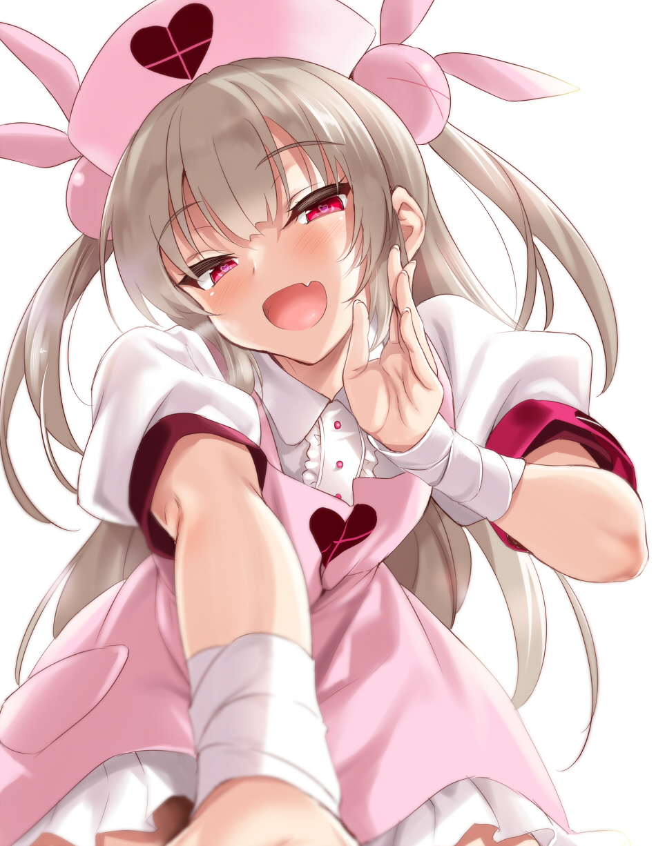 &gt;_&lt; 1girl :d apron bandage bandaged_arm blurry blurry_foreground blush bunny_hair_ornament center_frills commentary_request depth_of_field eyebrows_visible_through_hair fang fingernails frills hair_ornament half-closed_eyes hand_to_own_mouth hand_up hat head_tilt heart heart-shaped_pupils heavy_breathing highres kure_masahiro light_brown_hair long_hair looking_at_viewer natori_sana nurse_cap open_mouth pink_apron pink_hat pleated_skirt puffy_short_sleeves puffy_sleeves red_eyes sana_channel shirt short_sleeves sidelocks simple_background skirt smile solo symbol-shaped_pupils two_side_up very_long_hair virtual_youtuber white_background white_shirt white_skirt