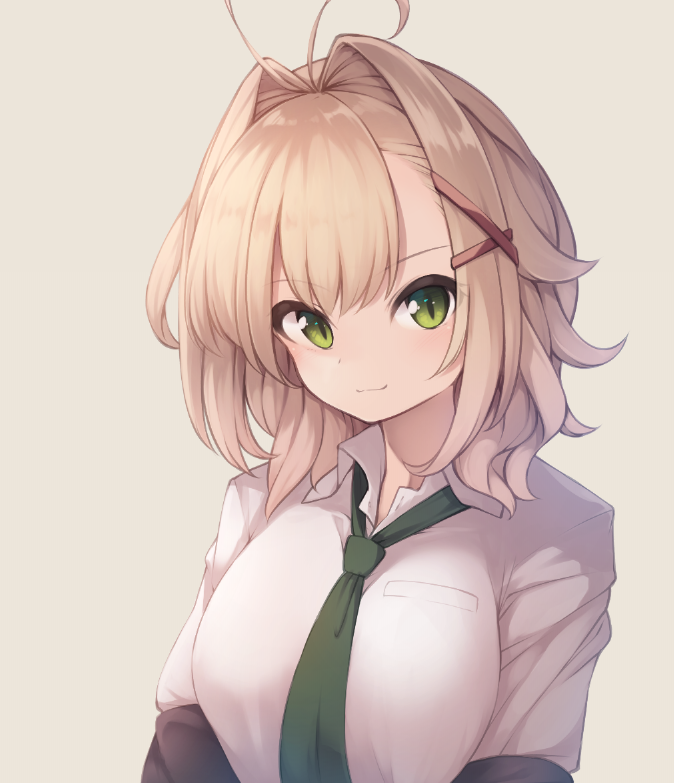 1girl bangs blush breasts brown_background closed_mouth collared_shirt eyebrows_visible_through_hair green_eyes green_neckwear hair_between_eyes hair_intakes hair_ornament light_brown_hair medium_breasts natsuki_teru necktie nekomiya_ryuu original shirt simple_background slit_pupils smile solo white_shirt