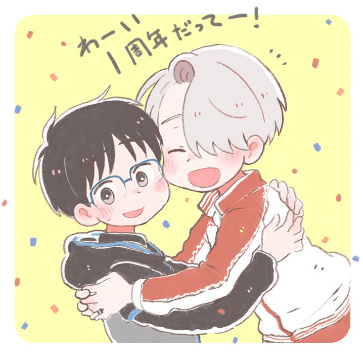 2boys black_hair blue-framed_eyewear brown_eyes cheek-to-cheek closed_eyes confetti glasses hair_over_one_eye hood hoodie hug jacket katsuki_yuuri male_focus multiple_boys sakana_(gyogyo33) silver_hair track_jacket translated viktor_nikiforov yuri!!!_on_ice