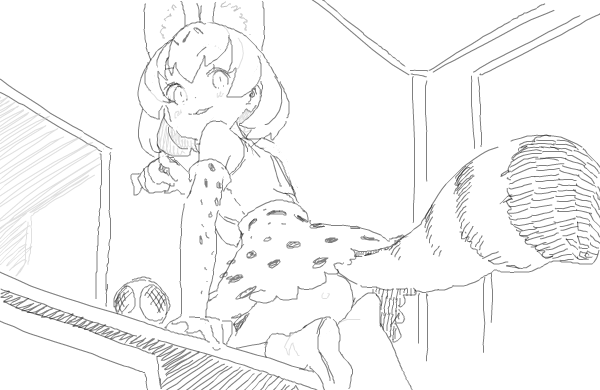 1girl :3 animal_ears ass blush doremi elbow_gloves extra_ears from_below gloves greyscale high-waist_skirt kemono_friends looking_back mirror monochrome panties pantyshot paw_pose print_gloves print_skirt serval_(kemono_friends) serval_ears serval_print serval_tail shirt short_hair sketch skirt sleeveless sleeveless_shirt smile tail underwear