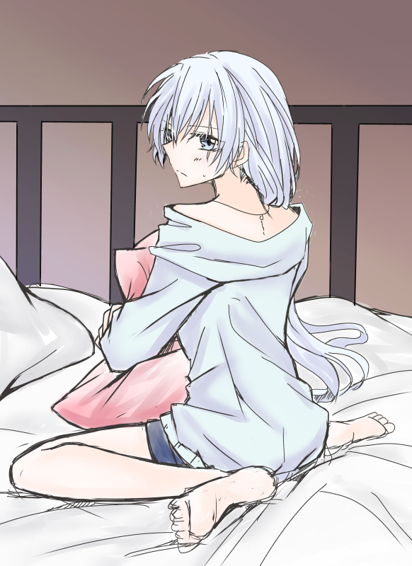1girl bed blue_eyes jewelry looking_back monokuro_(sekahate) necklace pillow pillow_hug rwby scar scar_across_eye shorts sketch solo sweater weiss_schnee white_hair