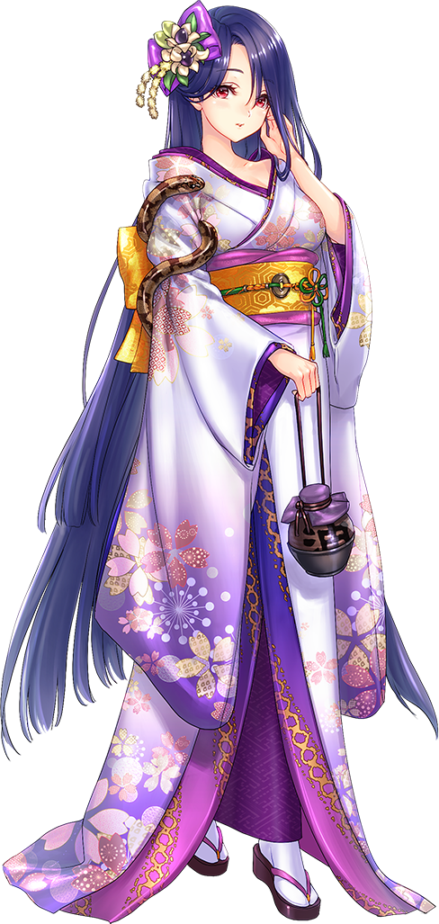 1girl artist_request breasts cleavage full_body geta hair_ornament hand_in_hair holding japanese_clothes kimono kinkazan_(oshiro_project) large_breasts long_hair looking_at_viewer official_art oshiro_project oshiro_project_re purple_hair red_eyes snake solo transparent_background very_long_hair white_legwear