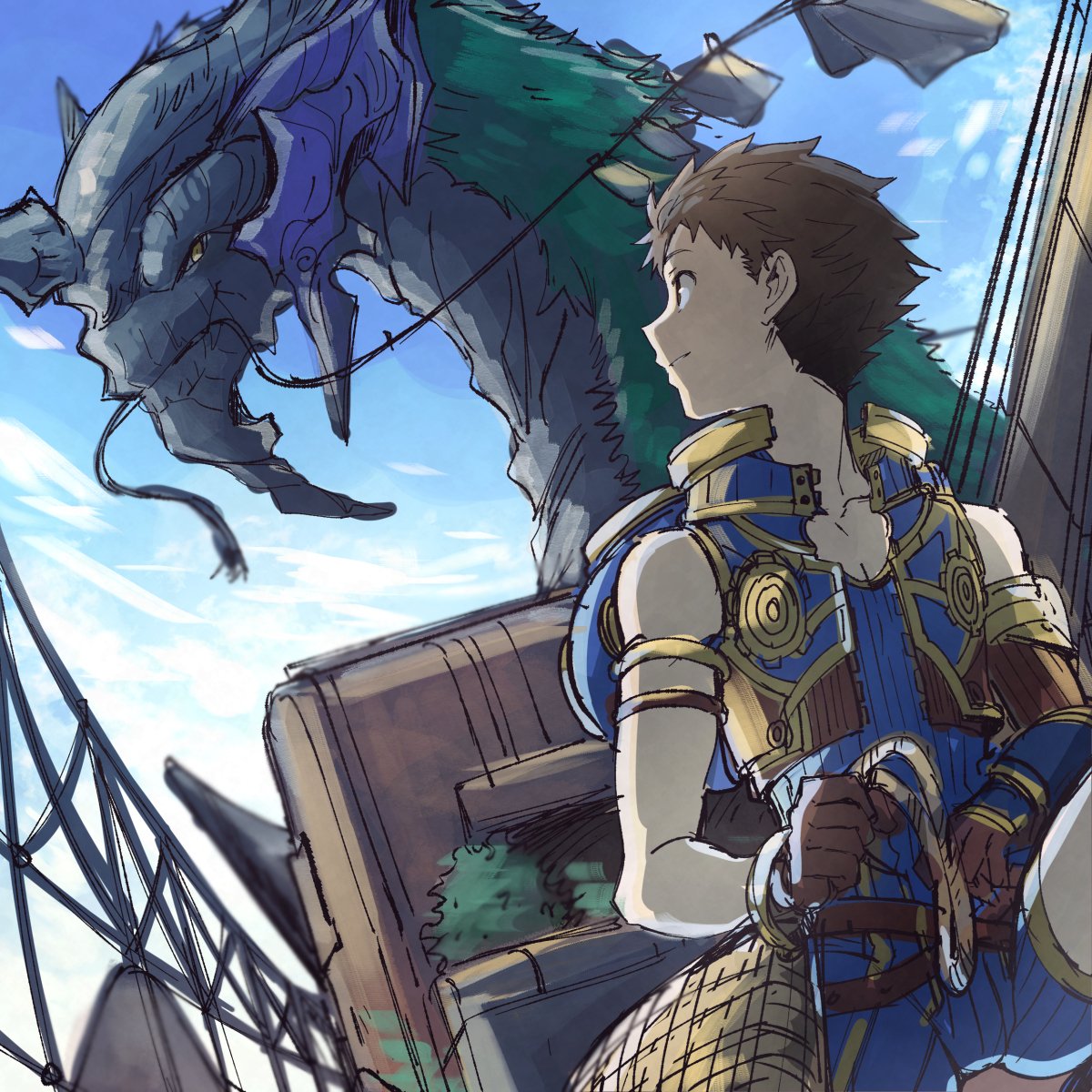 1boy armor black_hair bodysuit brown_hair gloves highres male_focus monster rex_(xenoblade_2) seiryuu_(xenoblade) shimo_(s_kaminaka) short_hair sky smile xenoblade_(series) xenoblade_2 yellow_eyes