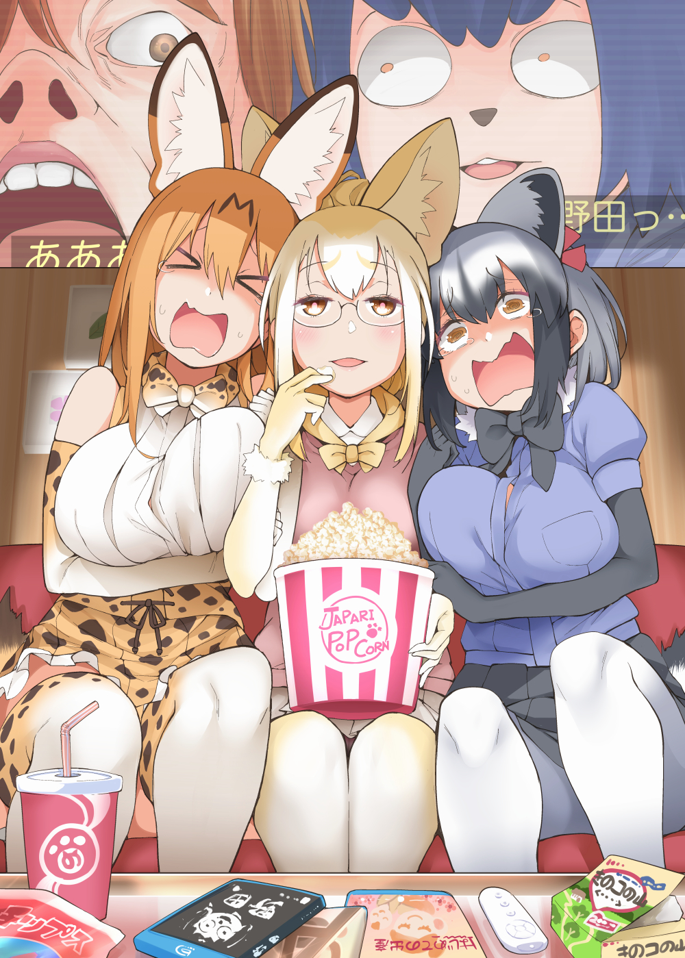 &gt;_&lt; 3girls alternate_breast_size alternate_hair_length alternate_hairstyle animal_ears bare_shoulders bespectacled black_gloves black_hair black_skirt blonde_hair blu-ray bow bowtie breasts bucket common_raccoon_(kemono_friends) controller crying crying_with_eyes_open drinking_straw elbow_gloves eyebrows_visible_through_hair fennec_(kemono_friends) food fox_ears fur_collar girl_sandwich glasses gloves grey_hair hayashi_(l8poushou) highres holding_another's_arm indoors kemono_friends king_crimson large_breasts multicolored_hair multiple_girls open_mouth pantyhose pleated_skirt popcorn print_gloves print_legwear print_neckwear print_skirt raccoon_ears raccoon_tail remote_control rimless_eyewear sandwiched serval_(kemono_friends) serval_ears serval_print serval_tail short_hair sitting skirt table tail tears thigh-highs