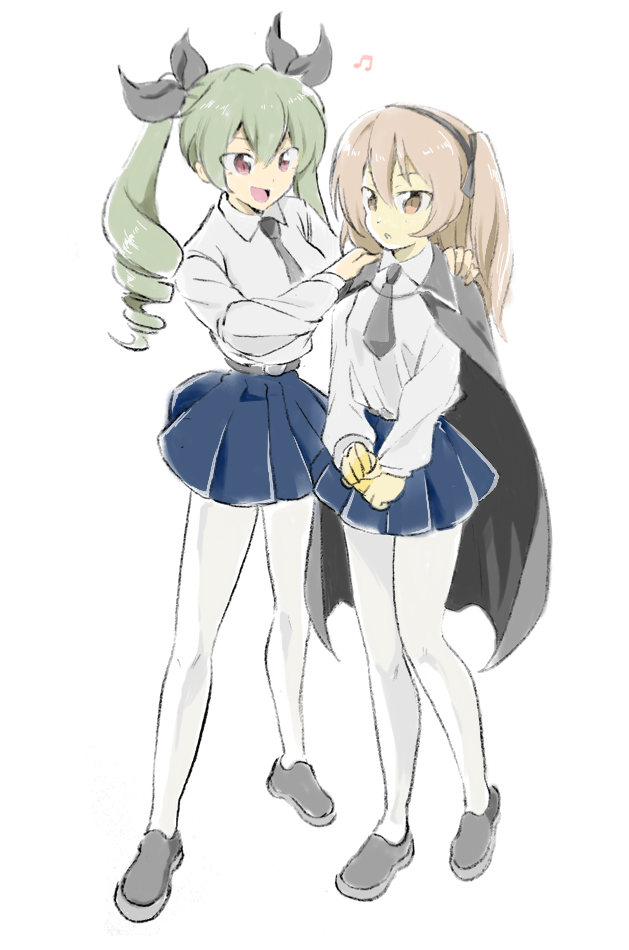 2girls alternate_costume anchovy anzio_school_uniform bangs beamed_eighth_notes belt black_belt black_cape black_footwear black_neckwear black_ribbon black_skirt cape dress_shirt drill_hair full_body girls_und_panzer green_hair hair_ribbon hands_on_another's_shoulders light_brown_eyes light_brown_hair loafers long_hair long_sleeves looking_at_another miniskirt moekichi multiple_girls musical_note necktie open_mouth pantyhose parted_lips pleated_skirt red_eyes ribbon school_uniform shimada_arisu shirt shoes side_ponytail simple_background skirt smile standing twin_drills twintails white_background white_legwear white_shirt wing_collar