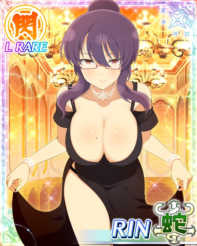 1girl black_dress black_panties bracelet breasts card_(medium) character_name cleavage dress glasses jewelry large_breasts leaning_forward long_hair looking_at_viewer mole mole_on_breast necklace official_art panties purple_hair red_eyes senran_kagura_(series) senran_kagura_new_wave sidelocks smile solo standing suzune_(senran_kagura) trading_card underwear yaegashi_nan