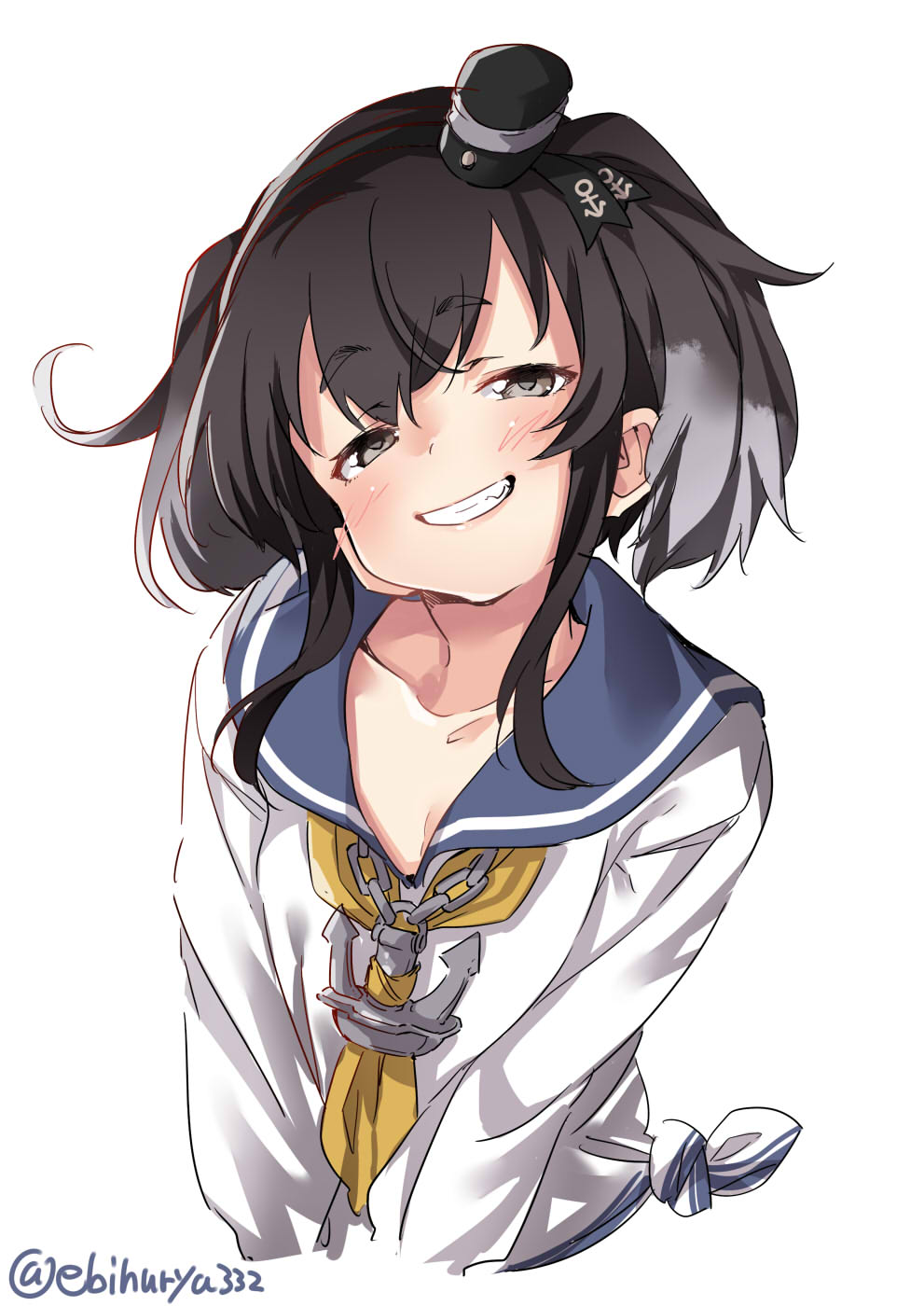 1girl anchor black_hair blush ebifurya eyebrows_visible_through_hair grey_eyes hair_between_eyes hair_ornament highres kantai_collection long_hair long_sleeves looking_at_viewer neckerchief school_uniform serafuku simple_background smile solo tokitsukaze_(kantai_collection) twintails