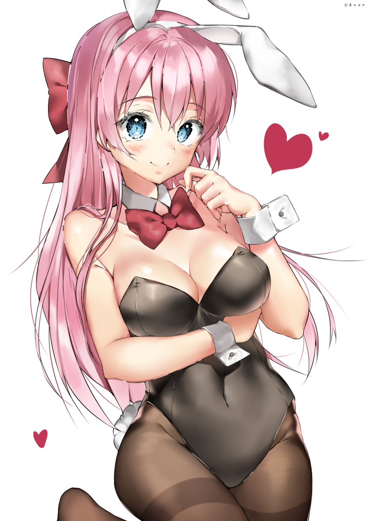 1girl animal_ears bare_shoulders black_leotard blue_eyes blush bow bowtie breasts bunny_girl bunnysuit cleavage closed_mouth collarbone detached_collar fake_animal_ears h_shai heart leotard looking_at_viewer medium_breasts original pantyhose pink_hair rabbit_ears simple_background smile solo white_background wrist_cuffs