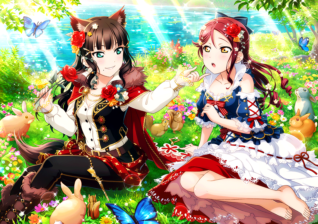 2girls animal animal_ears artist_request bangs bare_shoulders barefoot belt black_hair blunt_bangs boots bow breasts bug butterfly cape collarbone cosplay costume dress flower frilled_dress frills grass green_eyes grimm's_fairy_tales grin hair_bow hair_flower hair_ornament hairclip holding holding_flower insect kurosawa_dia long_hair long_sleeves looking_at_another love_live! love_live!_sunshine!! mole mole_under_mouth multiple_girls official_art open_clothes open_mouth open_vest outdoors pants puffy_sleeves rabbit red_flower red_rose redhead ribbon rose sakurauchi_riko shirt short_sleeves sitting small_breasts smile snow_white snow_white_(grimm) squirrel sunlight tail vest water white_shirt wolf_ears wolf_tail yellow_eyes yuri