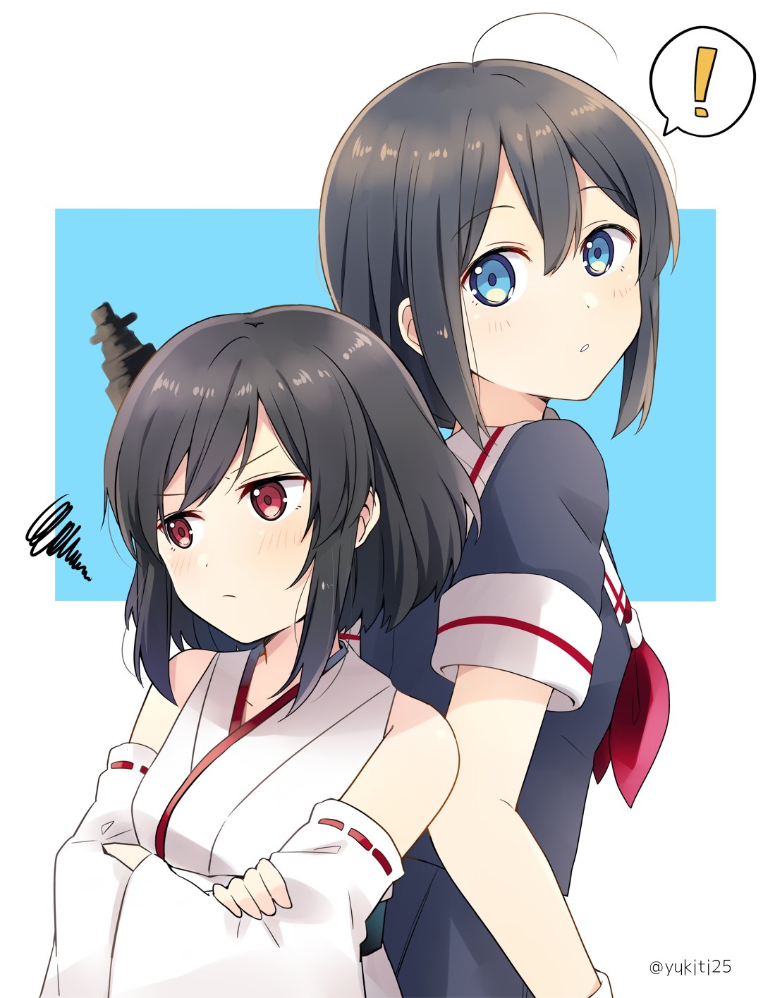 ! 2girls ahoge back-to-back black_hair black_serafuku blue_background blue_eyes braid commentary_request detached_sleeves hair_ornament hair_over_shoulder highres kantai_collection multiple_girls nontraditional_miko red_eyes school_uniform serafuku shigure_(kantai_collection) short_hair single_braid spoken_exclamation_mark squiggle two-tone_background white_background wide_sleeves yamashiro_(kantai_collection) younger yukichi_(eikichi)