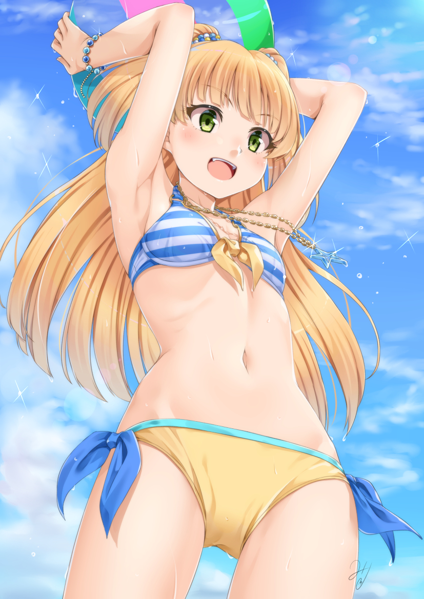 1girl :d arms_up ball bangs beachball bikini blonde_hair blue_sky blush breasts clouds cloudy_sky commentary_request day eyebrows_visible_through_hair front-tie_bikini front-tie_top green_eyes holding holding_ball idolmaster idolmaster_cinderella_girls jougasaki_rika long_hair miri_(ago550421) navel open_mouth outdoors side-tie_bikini signature sky small_breasts smile solo striped striped_bikini_top swimsuit transparent two_side_up very_long_hair yellow_bikini_bottom