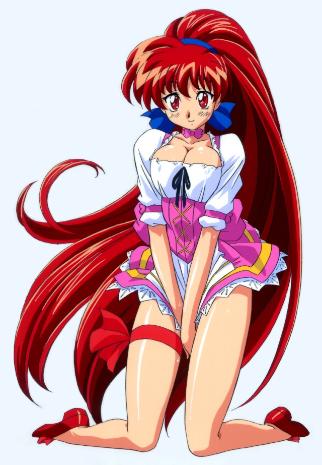 1girl akira_(viper) breasts cleavage dress full_body high_ponytail kimura_takahiro kneeling large_breasts long_hair looking_at_viewer official_art red_eyes red_footwear redhead ribbon short_sleeves simple_background smile solo sweat thigh_ribbon v_arms very_long_hair viper viper_v16