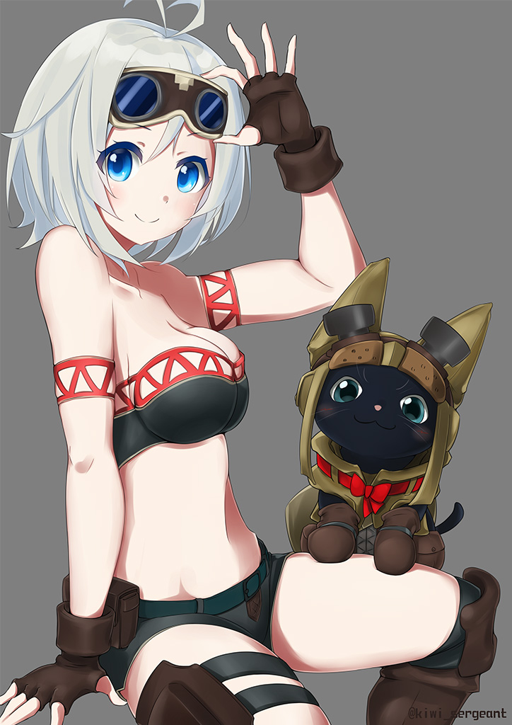 1girl adjusting_goggles animal antenna_hair blue_eyes blush breasts brown_gloves cat cleavage closed_mouth collarbone dennou_shoujo_youtuber_shiro eyebrows_visible_through_hair felyne fingerless_gloves gloves goggles goggles_on_head kiui_gunsou large_breasts looking_at_viewer monster_hunter monster_hunter:_world shiro_(dennou_shoujo_youtuber_shiro) short_hair smile solo virtual_youtuber white_hair
