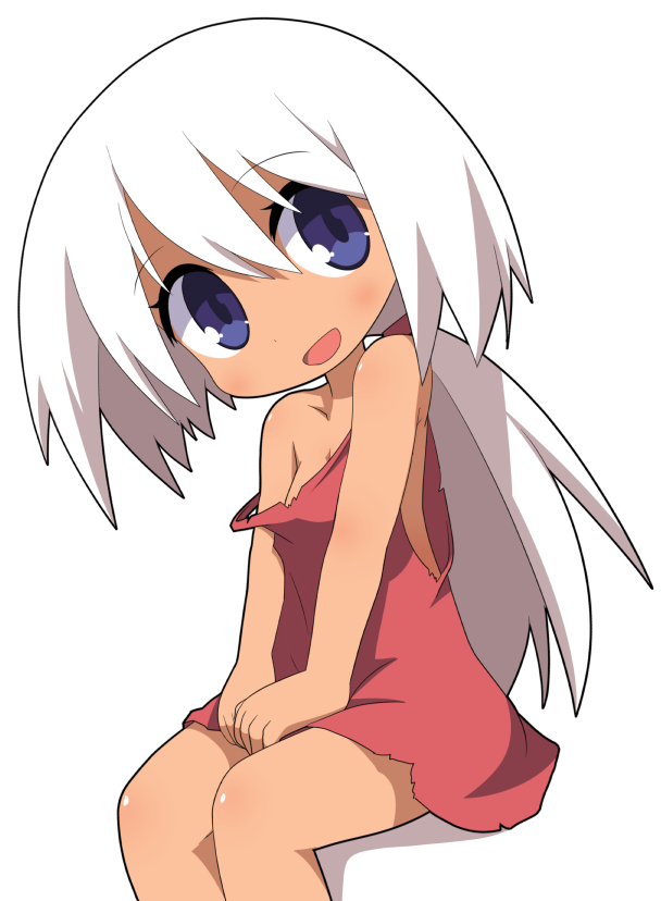 1girl :d bangs bare_arms bare_shoulders blue_eyes blush breasts commentary_request dark_skin dress eyebrows_visible_through_hair hair_between_eyes head_tilt long_hair looking_at_viewer low_ponytail open_mouth original osaragi_mitama pink_dress ponytail sitting sleeveless sleeveless_dress small_breasts smile solo strap_slip torn_clothes torn_dress very_long_hair white_hair