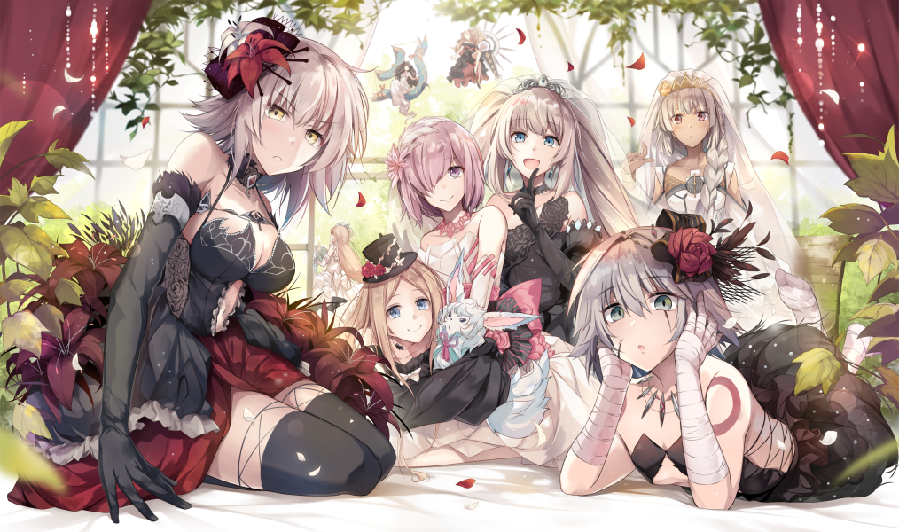 6+girls abigail_williams_(fate/grand_order) altera_(fate) arm_support bandage bandaged_arm bare_shoulders black_dress black_gloves black_hair black_hat black_legwear blonde_hair blue_eyes breasts brown_eyes brown_hair character_request cleavage creature curtains dark_skin detached_sleeves dress elbow_gloves ereshkigal_(fate/grand_order) facial_scar fate/grand_order fate_(series) finger_to_mouth flower fou_(fate/grand_order) gloves hair_flower hair_ornament hair_over_one_eye hat heavenly_boat_maanna hirai_yuzuki index_finger_raised ishtar_(fate/grand_order) jack_the_ripper_(fate/apocrypha) jeanne_d'arc_(alter)_(fate) jeanne_d'arc_(fate)_(all) large_breasts lily_(flower) long_hair looking_at_viewer marie_antoinette_(fate/grand_order) mash_kyrielight medium_breasts multiple_girls navel open_mouth petals pixiv_fate/grand_order_contest_2 purple_hair rose scar scar_across_eye scar_on_cheek short_hair silver_hair smile tattoo thigh-highs tiara tohsaka_rin twintails veil violet_eyes white_dress yellow_eyes zettai_ryouiki