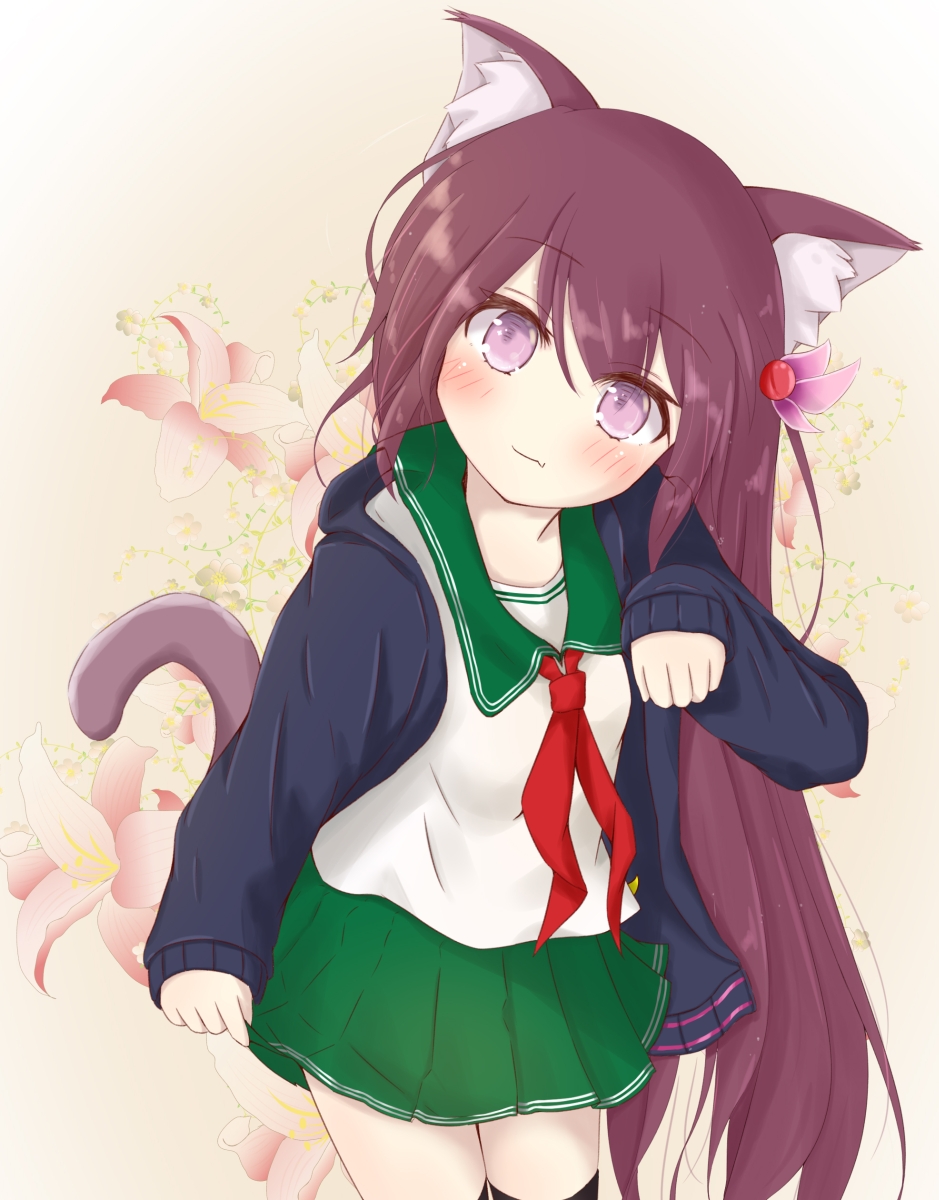 1girl animal_ears bangs black_cardigan black_legwear blush cardigan cat_ears cat_girl cat_tail closed_mouth commentary_request eyebrows_visible_through_hair fang fang_out flower green_sailor_collar green_skirt hair_between_eyes hair_ornament hand_up head_tilt highres kantai_collection kemonomimi_mode kisaragi_(kantai_collection) long_hair long_sleeves neckerchief open_cardigan open_clothes paw_pose pink_flower pleated_skirt purple_hair red_neckwear ridy_(ri_sui) sailor_collar school_uniform serafuku shirt skirt sleeves_past_wrists smile solo tail thigh-highs very_long_hair violet_eyes white_shirt