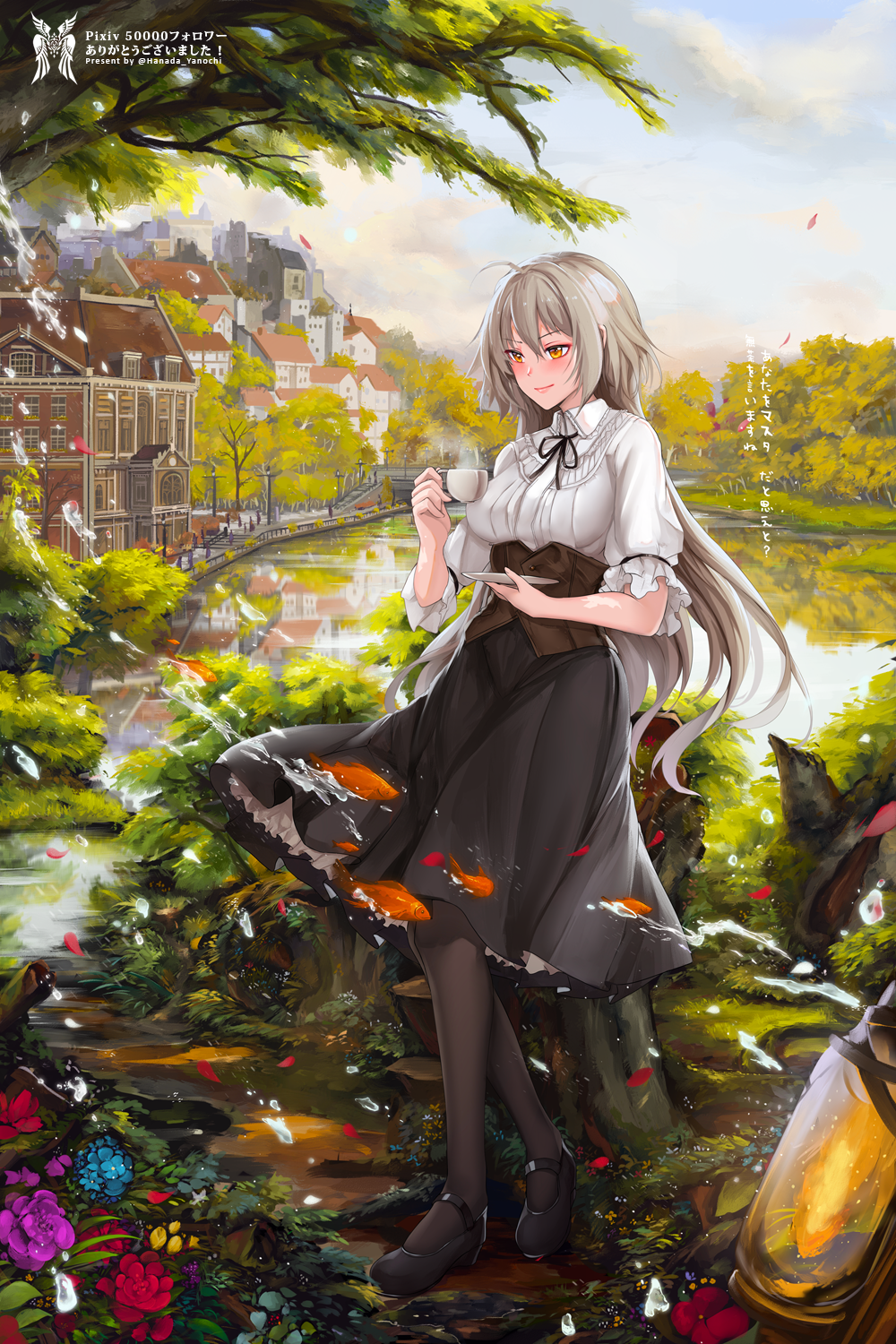 1girl ahoge artist_name black_legwear black_skirt blouse blush breasts city commentary_request corset cup fate/grand_order fate_(series) flower hanada_yanochi highres holding holding_cup holding_saucer jeanne_d'arc_(alter)_(fate) jeanne_d'arc_(fate)_(all) lantern large_breasts light_smile long_hair long_skirt pantyhose petals pixiv_fate/grand_order_contest_2 saucer silver_hair skirt solo teacup translation_request tree twitter_username white_blouse yellow_eyes