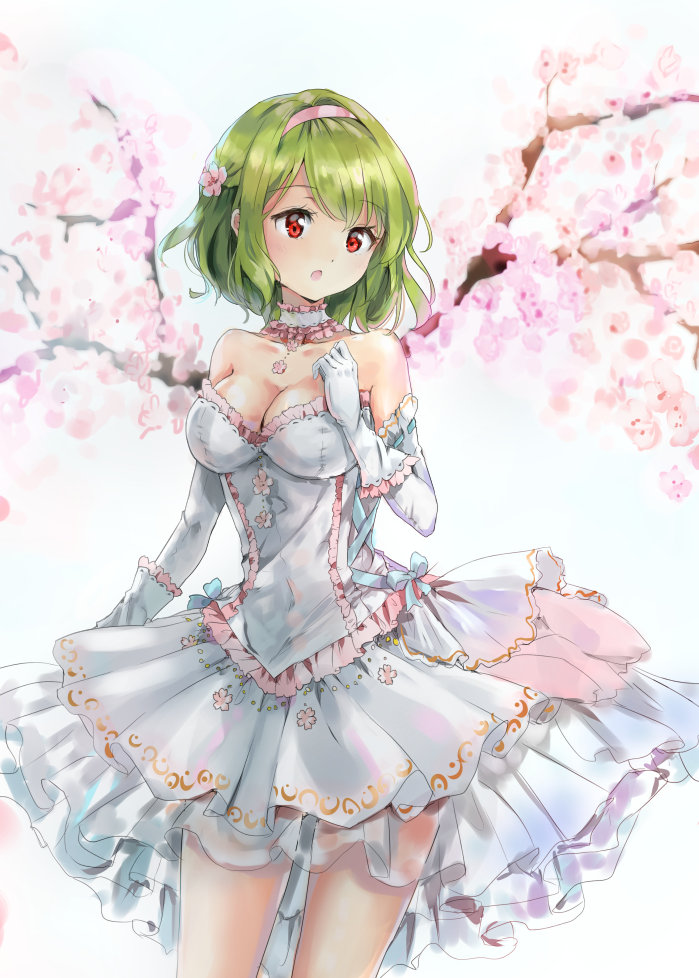 1girl :o alternate_costume branch breasts cherry_blossoms choker cleavage commentary_request covered_navel cowboy_shot dress elbow_gloves eyebrows_visible_through_hair flower frilled_choker frilled_dress frilled_gloves frills gloves green_hair hair_flower hair_ornament hairband hand_on_own_chest hand_up kazami_yuuka large_breasts layered_dress looking_at_viewer open_mouth pink_flower pink_hairband red_eyes shironeko_yuuki short_hair simple_background solo standing strapless strapless_dress touhou white_background white_choker white_dress white_gloves