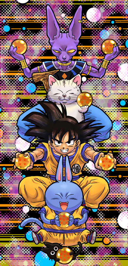 4boys animal bare_arms beerus black_cat black_eyes black_hair blue_pants boots bracelet cat character_request closed_eyes dougi dragon_ball dragon_ball_(object) dragonball_z fingernails full_body grin holding jewelry karin_(dragon_ball) looking_at_viewer multicolored multicolored_background multiple_boys muscle necklace neko_majin_(series) open_mouth outstretched_arms pants serious short_hair smile son_gokuu spiky_hair staff stargeyser tail tama_(dragon_ball) teeth whiskers white_cat wristband