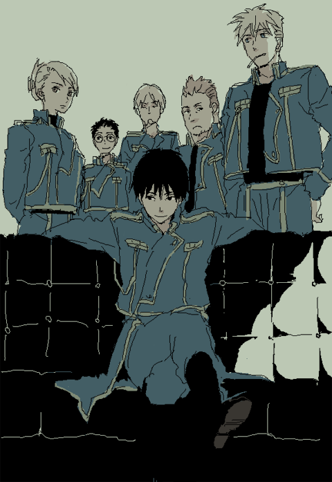 1girl 5boys amestris_military_uniform arms_behind_back black_eyes black_hair black_shirt blonde_hair blue_eyes boots brown_eyes chiruda cigarette couch expressionless eyebrows_visible_through_hair fullmetal_alchemist glasses grey_background hand_on_hip hand_on_own_chin heymans_breda jean_havoc kain_fuery legs_crossed looking_away military military_uniform multiple_boys riza_hawkeye roy_mustang shaded_face shirt short_hair simple_background sitting smile standing tied_hair uniform upper_body vato_falman
