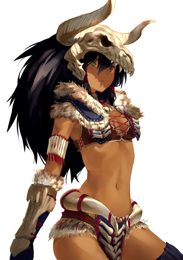 1girl armband bikini_bottom bikini_top black_gloves black_hair black_legwear closed_mouth commentary dark_skin dober_(armor) fur_trim gauntlets gloves green_eyes hair_between_eyes horned_headwear long_hair maeya_susumu monster_hunter navel original skull_helmet solo