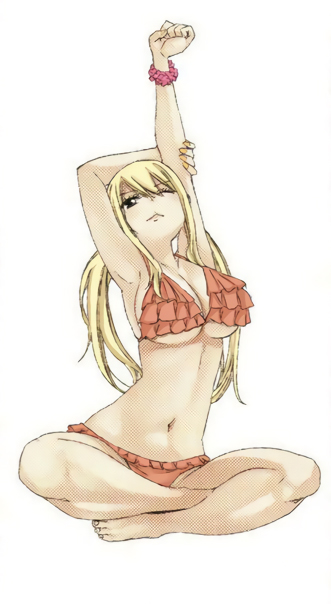 1girl arm_grab armpits arms_up barefoot bikini black_eyes blonde_hair breasts fairy_tail frilled_bikini frills full_body indian_style large_breasts long_hair lucy_heartfilia mashima_hiro navel official_art one_eye_closed red_bikini scrunchie simple_background sitting solo swimsuit twintails white_background wrist_scrunchie