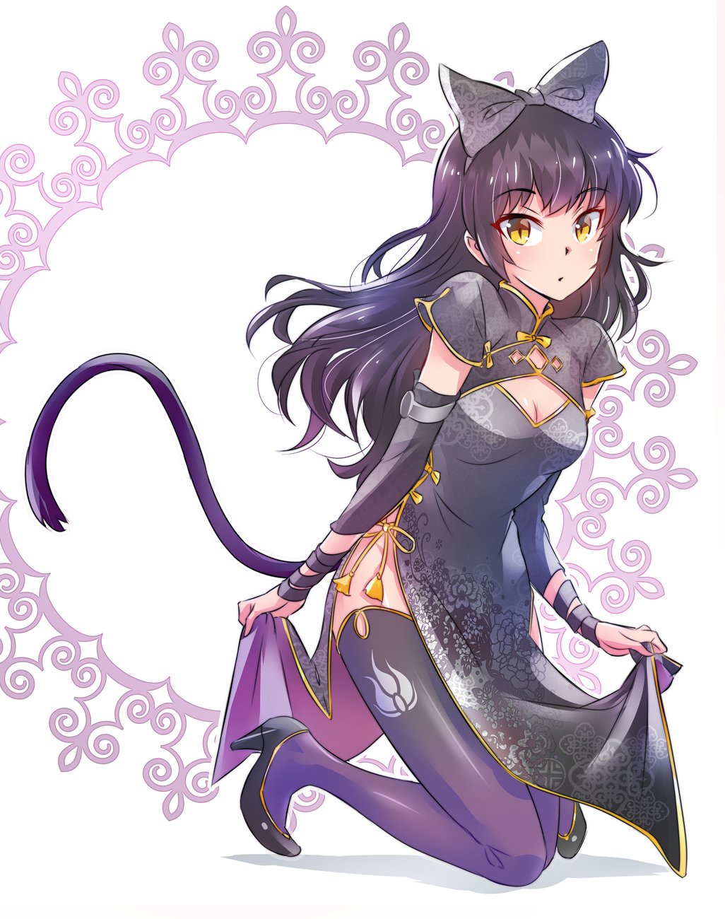 1girl black_hair blake_belladonna bow cat_tail china_dress chinese_clothes dress hair_bow highres iesupa long_hair pelvic_curtain ribbon rwby solo tail thigh-highs yellow_eyes